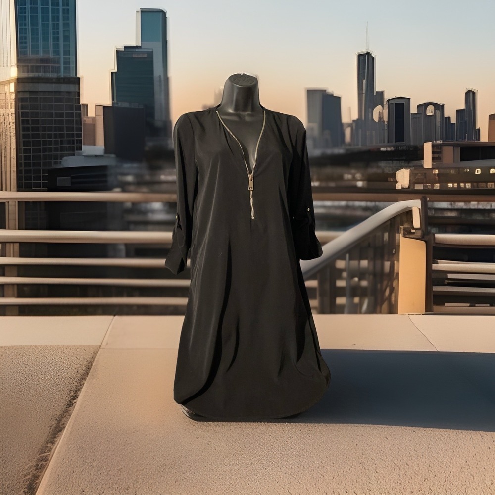 Alfani Little Black Mini Dress  Front Zipper Tab Sleeves‎ Light